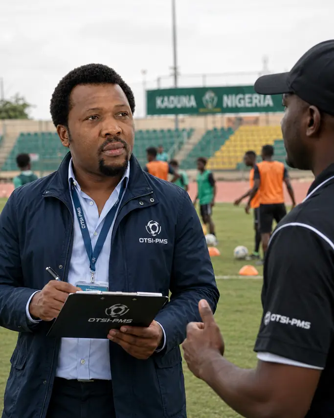 OTSI licensed agent conducting scouting session at stadium in Kaduna Nigeria